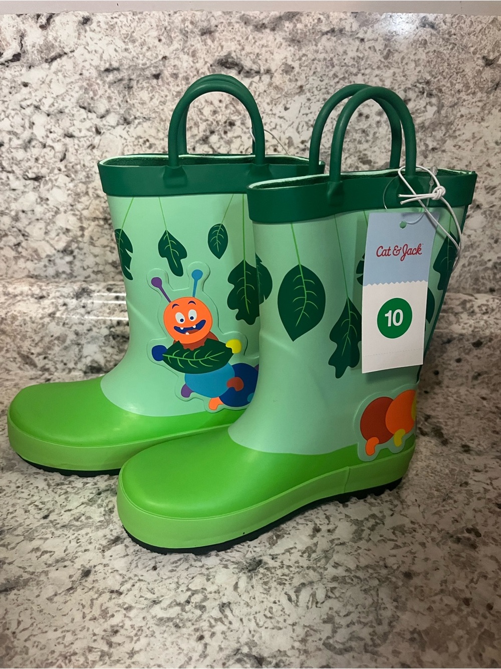 Cat & Jack Green Kids Rain Boots with Caterpillar Print - Size 10